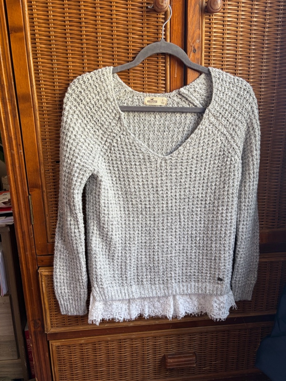 Hollister Light Gray Knit V-Neck Sweater with Lace Hem
